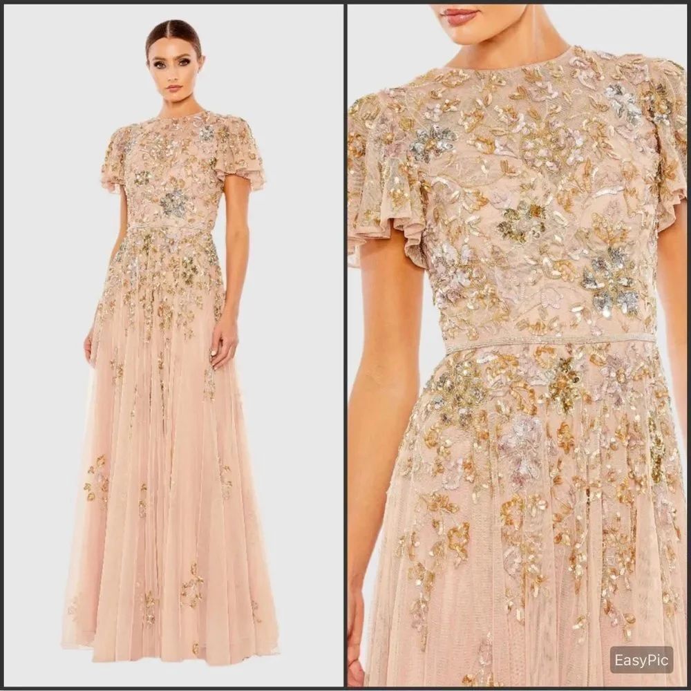 NWT Mac Duggal 5717 Nude Embellished Butterfly Sleeve High Neck Gown 10
